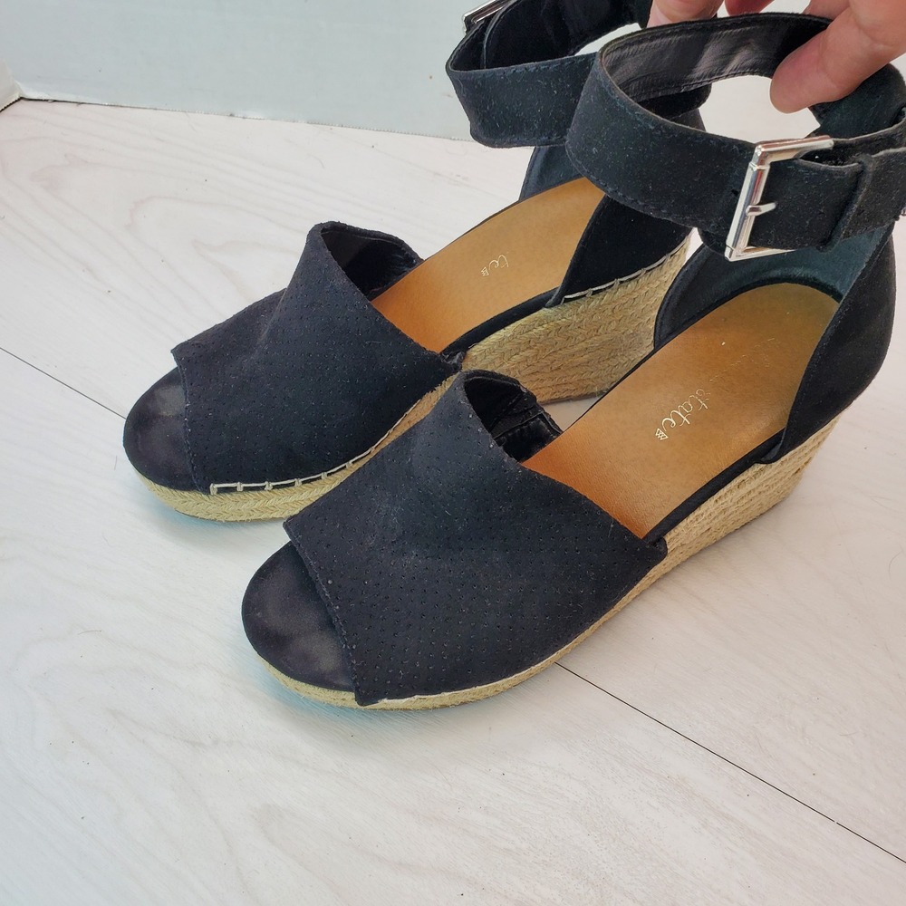 Altar'd State Black Faux Suede Espadrille Wedge Sandals Ankle Strap Women 9M